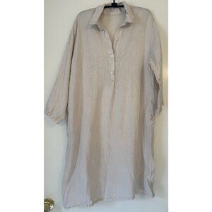 Made in Italy O/S Beige Linen Dress Pockets Buttons Lagenlook Boho Midi Shirt